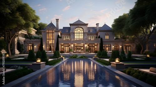 3D rendering of a luxury mansion with a beautiful landscaped garden. © Iman