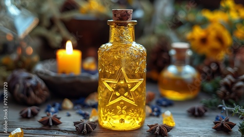 yellow potion bottle with a star pentacle on i with candles, anise, spices on the table. 