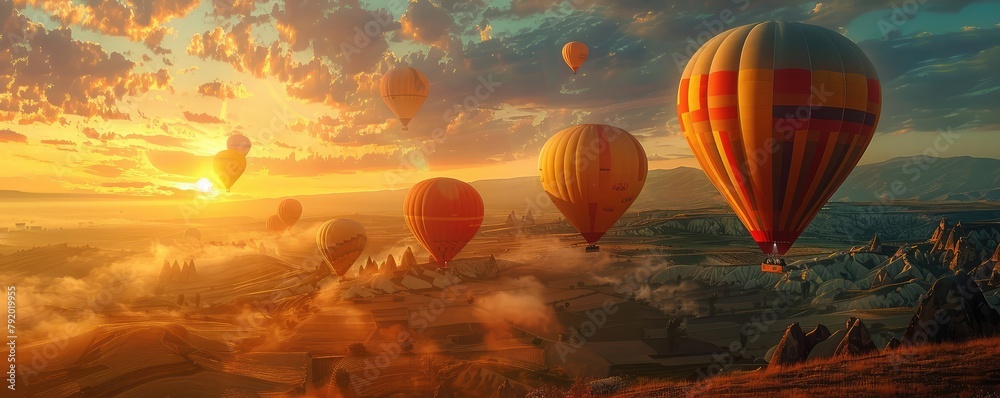 Obraz premium Stunning landscape at sunrise with multiple hot air balloons floating over unique rock formations.