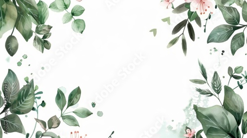 Soft pastel green leaves and pink flowers on white background for elegant designs. Create a dreamy, feminine atmosphere with this delicate background.