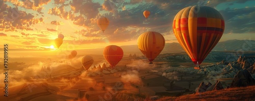 Stunning landscape at sunrise with multiple hot air balloons floating over unique rock formations.
