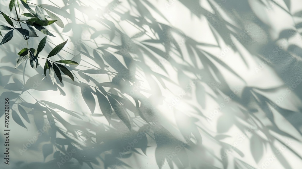 Soft sunlight shining through a leafy tree creates intricate shadow patterns on a solid white wall. The minimalist composition evokes a sense of peace and tranquility.