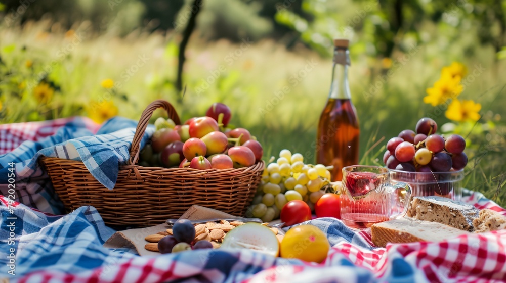 a picnic blanket and a basket of fruit and bread a picnic blanket and a basket of fruit and bread