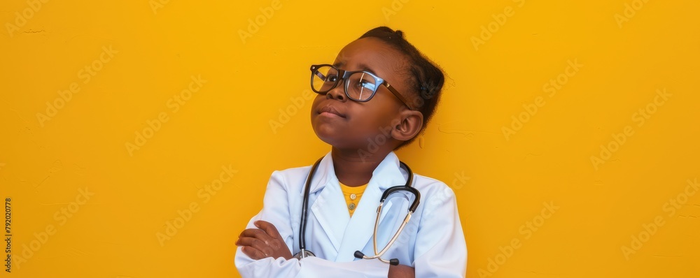 A cute little girl dressed as a doctor with a stethoscope on a vibrant yellow background A cute little girl dressed as a doctor with a stethoscope on a vibrant yellow background