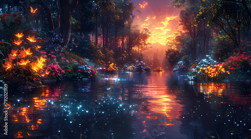 Mirrored Midnight: A Mystical Garden's Glowing Splendor Reflected in Still Waters photo