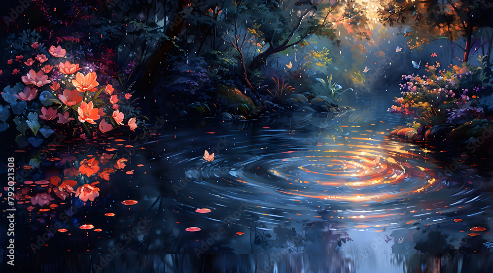 Whispers of Rain: Luminous Ripples and Glowing Flora in a Mystical Garden Shower