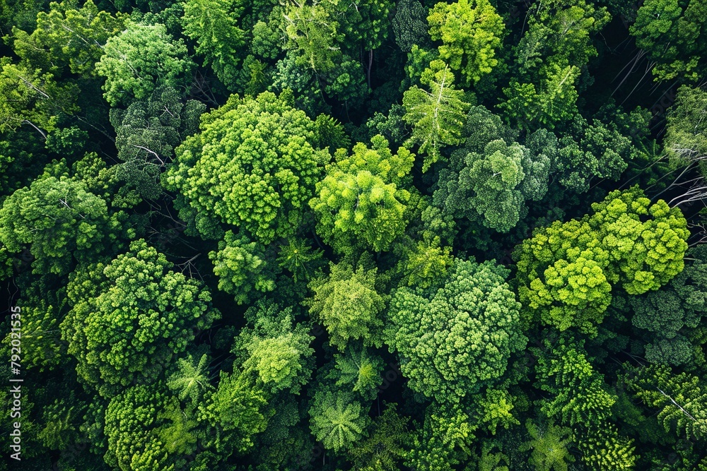 Experience a drone's eye view of a verdant forest teeming with green trees, showcasing abundant foliage capturing CO2