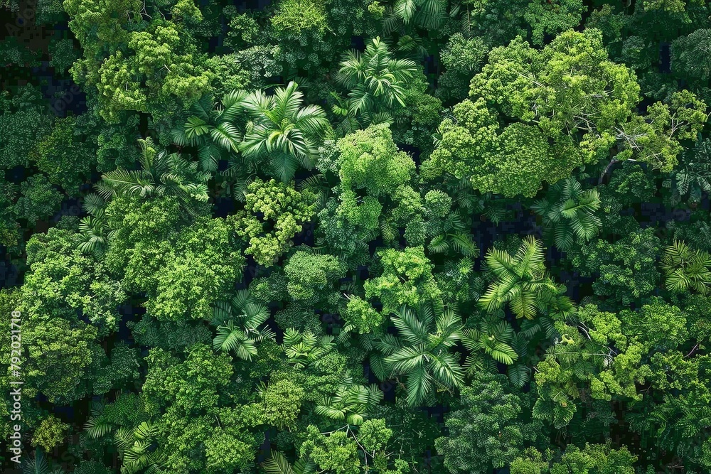 Experience a drone's eye view of a verdant forest teeming with green trees, showcasing abundant foliage capturing CO2