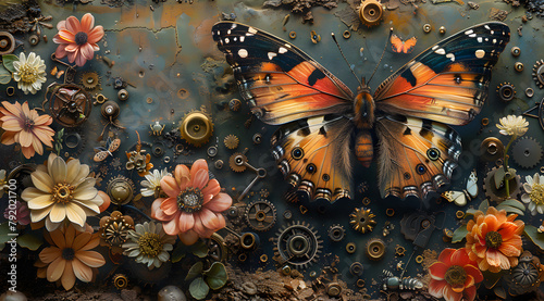 Mechanical Garden Symphony: Butterflies and Gearwork Amidst Steampunk Splendor
