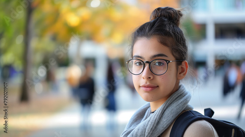 Garota universitária com mochila nas costas no Campus photo