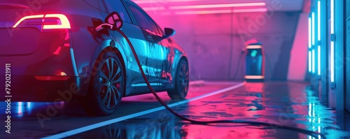 An electric car gets powered up at a charging station at night, surrounded by futuristic neon lights.