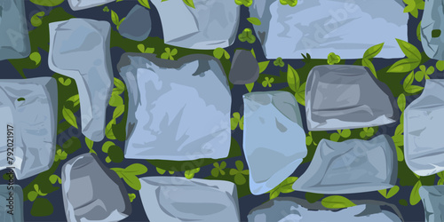 Vintage vector cobblestone road with grass, for gaming user interface.