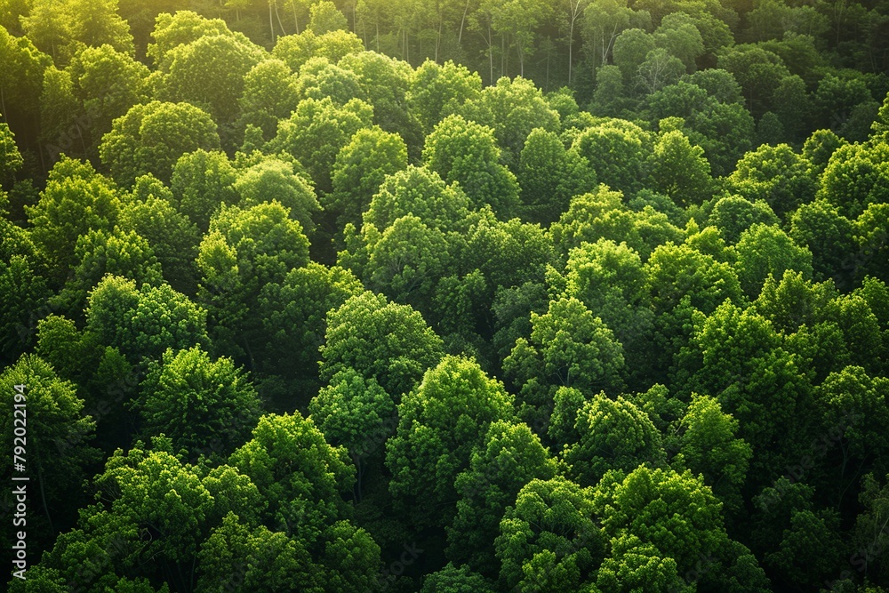 Experience a drone's eye view of a verdant forest teeming with green trees, showcasing abundant foliage capturing CO2