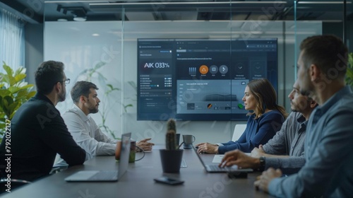 A marketing team, intently focused and gathered around a sleek conference table, watches a workshop video on a large screen that displays a desktop brimming with AI tools photo
