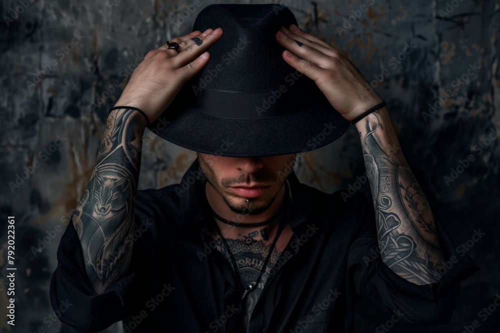 Tattooed man covering face with hat