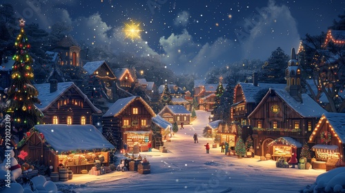 Enchanting winter scene depicting a bustling Christmas market surrounded by a snowy forest