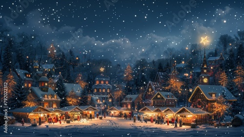 Enchanting winter scene depicting a bustling Christmas market surrounded by a snowy forest
