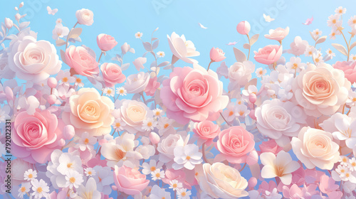 Roses and Other Colorful Different Flowers on a Light Blue Background