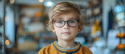 Boy in glasses at optical store near showcase helping visually impaired children. Concept Optical Store, Eyeglasses, Children, Visual Impairment, Community Service photo