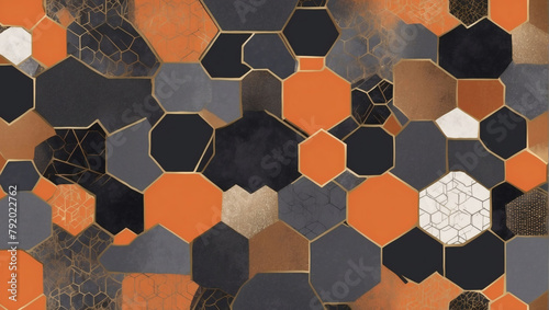 Bold geometric design with hexagons in orange, bronze, and charcoal.