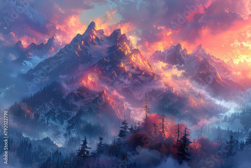 Concept art of mountains  fantasy landscape  purple and pink sky  dawn  clouds. Created with Ai
