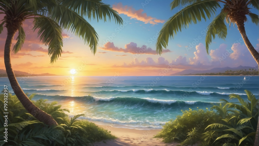 Calming sunset vista observed through the lush foliage of palm trees with a serene ocean backdrop.