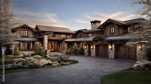 Panoramic view of a luxury home in the evening with a beautiful sky