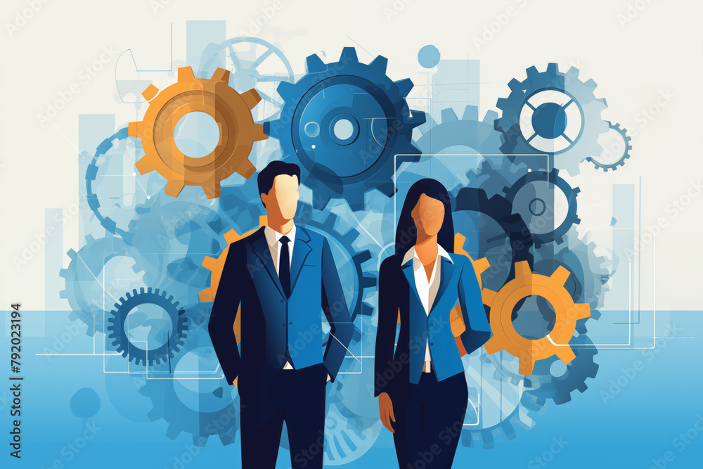 Business graphic vector modern style illustration of business people meeting discuss ideas brainstorm together cogs of workplace working together and collaborate to solve problems unity charts Business graphic vector modern style illustration of business people meeting discuss ideas brainstorm together cogs of workplace working together and collaborate to solve problems unity charts