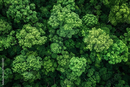 Experience a drone's eye view of a verdant forest teeming with green trees, showcasing abundant foliage capturing CO2