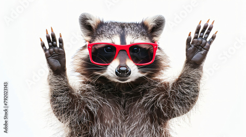 Funny raccoon in RED sunglasses showing a rock