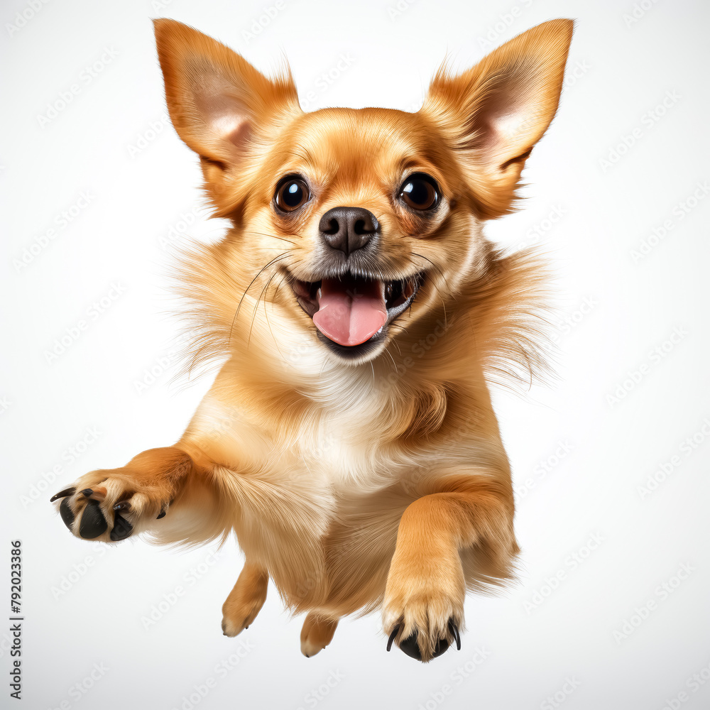 Chihuahua dog jumping, isolated on a white background
