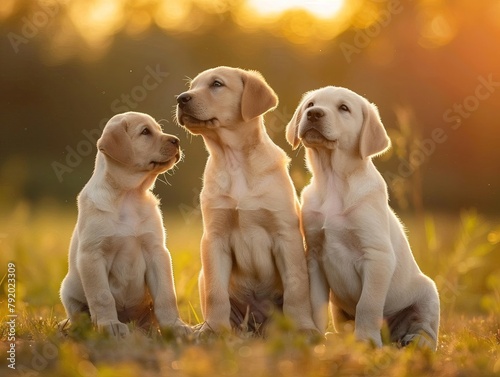 Three Labrador puppies sit and watch the sunset. Golden light casts warm colors.
