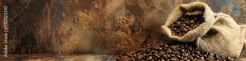 burlap sack overflowing with rich, aromatic roasted coffee beans against a rustic, weathered backdrop