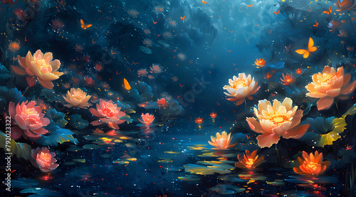 Bioluminescent Symphony: Flowers and Butterflies Dance in Underwater Splendor