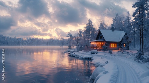 Snowy winter scene with cozy cabin illuminated at sunset
