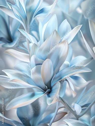 3D abstract flowers with a light blue and white color palette in soft lighting A high resolution closeup shot of delicate petals with intricate details against a floral background in an elegant compos