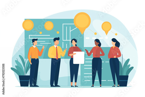 Business graphic vector modern style illustration of business people meeting discuss ideas brainstorm together cogs of workplace working together and collaborate to solve problems unity charts