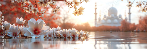 Magnificent mosque at sunset with lotus flowers, ideal for spiritual and peaceful themes. End of Eid al-Fitr.