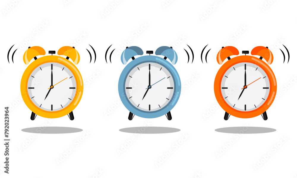 set of three alarm clocks in different colors isolated on white background, flat style clock vector illustration. set of three alarm clocks in different colors isolated on white background, flat style clock vector illustration.
