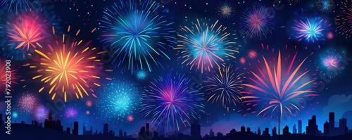 A colorful fireworks display in the sky, a city in the background