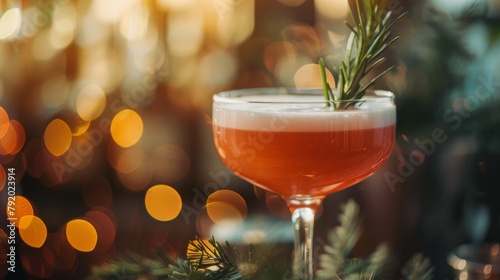 A cocktail in a coupe glass with a rosemary sprig on top. The drink is an alcoholic beverage with a bay breeze flavor, served in stemware.