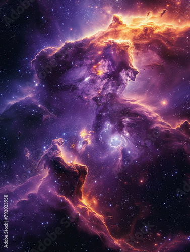 Cosmic Majesty Exploring the Abstract Purple and Gold Nebulae of the Universe © Pixel