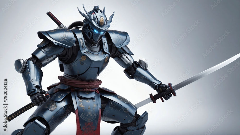 Contemporary D rendering of a robotic samurai in action. Contemporary D rendering of a robotic samurai in action.