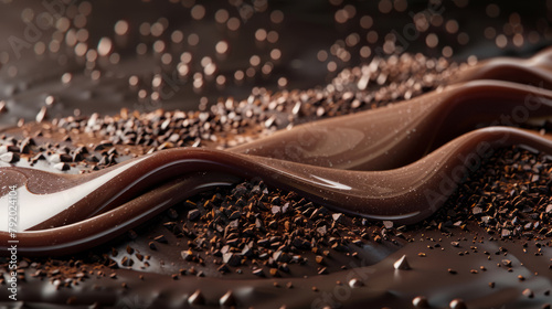 A chef's gastronomic presentation of a chocolate dessert landscape, with waves of glossy ganache and sprinkles of cocoa nibs photo