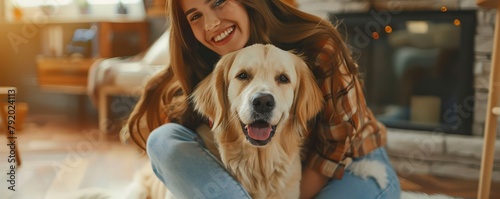 smiling young woman and her loyal golden retriever in a cozy home setting.