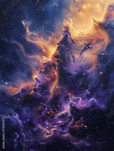 Cosmic Majesty Exploring the Abstract Purple and Gold Nebulae of the Universe © Pixel