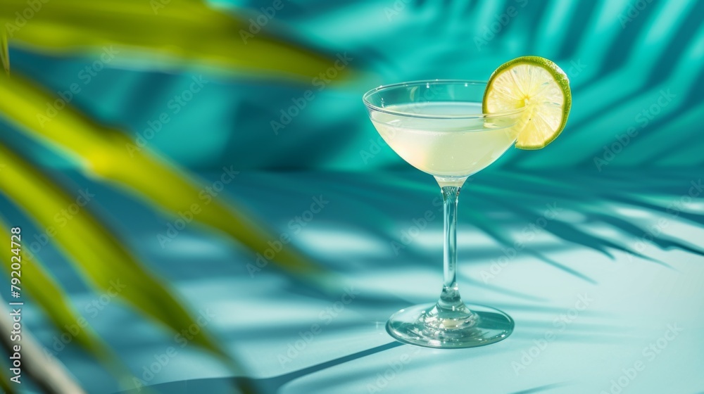 A margarita served in a martini glass with a lime slice, a refreshing cocktail made with liquid ingredients like sour mix and lime fluid.