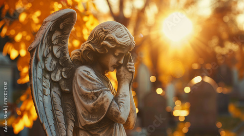 Praying angel statue, sunny graveyard in background, autumn cementery, golden hour