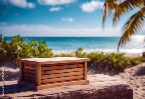 'blue podium sky background trees vacation Wooden beach poduim summer dais sand product racked sea display wood platform island water table banner nature kitchen lagoon bay beauty'
