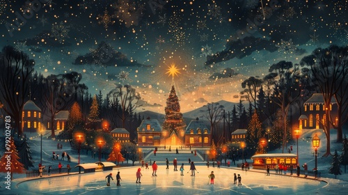 Enchanted evening at a festive ice skating rink surrounded by snow-covered trees and twinkling lights photo